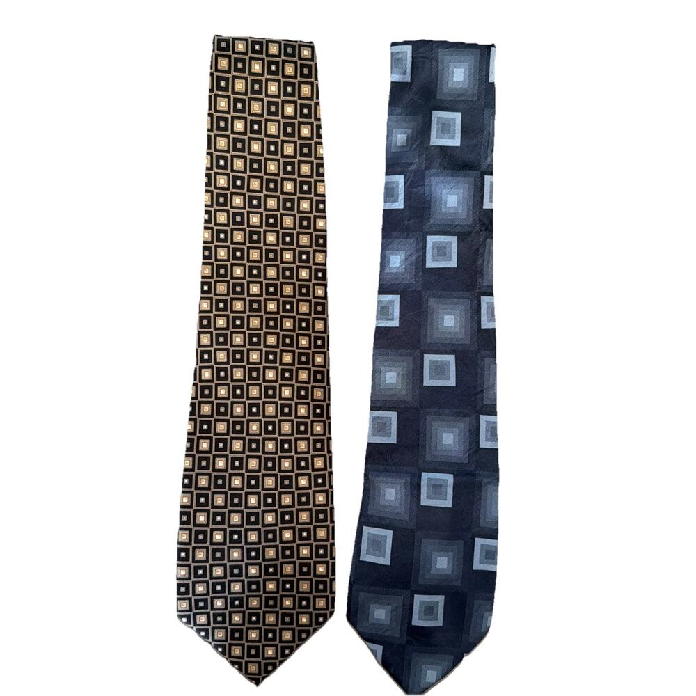 Pierre Cardin 2 Silk Neckties Ties Blue Black Brown Geometric Gift Lot Bundle